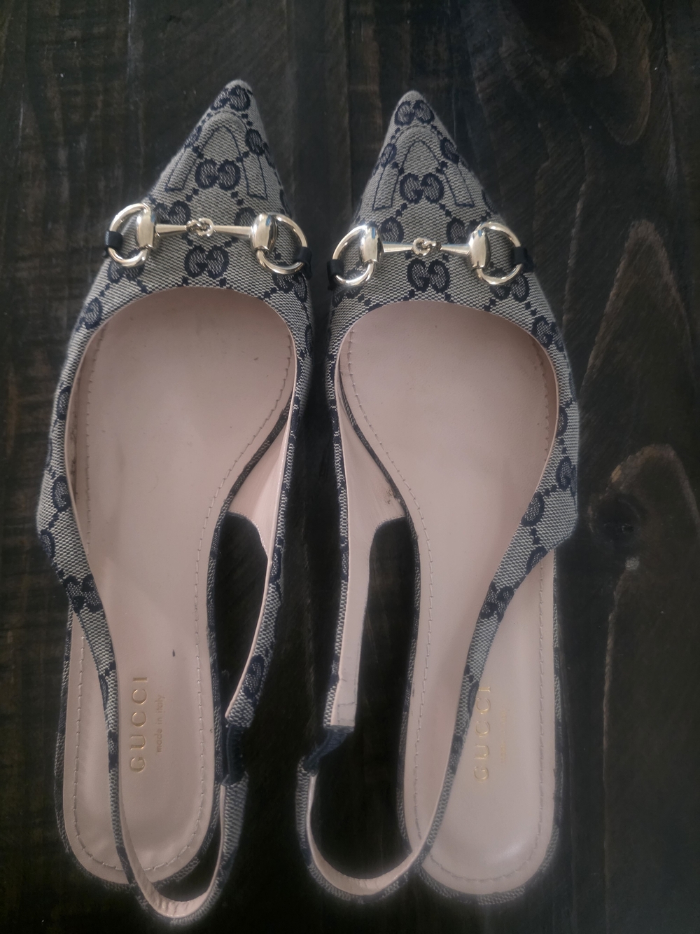 Gucci Navy Monogram Slingback Flats with Pink Insole and Gold Horsebit